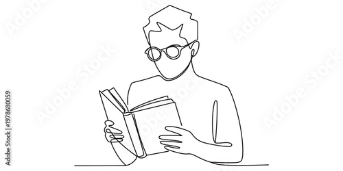 A single continuous line drawing of a person wearing glasses while reading an open paper book