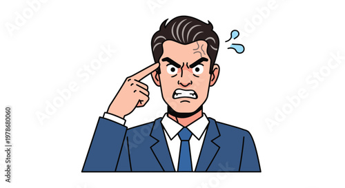 Angry Businessman Pointing at Temple Vector Illustration Representing Frustration and Stress in a Professional Office Setting