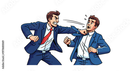 Angry Businessman Punching Coworker Vector Illustration, Professional Conflict and Workplace Violence Concept, Aggressive Office Dispute Cartoon Style Graphic