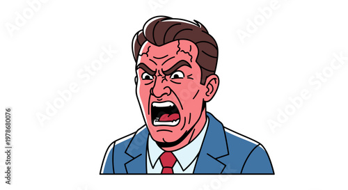 Angry Businessman Screaming Vector Illustration, Furious Professional Man with Red Face and Aggressive Expression, Corporate Conflict and Stress Concept Graphic