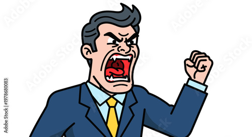 Angry Businessman Shouting with Raised Fist Vector Illustration Representing Workplace Frustration and Aggressive Professional Conflict Management Concept