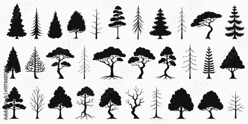 Assortment of black silhouettes featuring diverse tree species and styles silhouette illustration stylized isolated evergreen deciduous woodland landscape seasonal