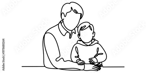 A continuous line drawing depicting a father and his young son sitting together in a close pose.