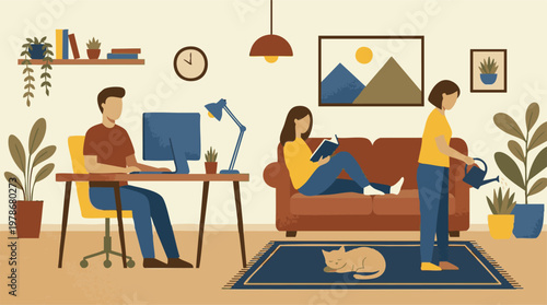 People engaged in various home activities: working, reading, and plant care