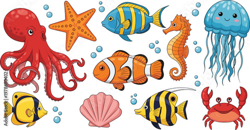 Colorful underwater sea animals collection with octopus, fish, crab, seahorse, jellyfish and starfish cartoon vector illustration set