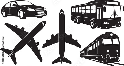 Transportation modes including car, bus, train, and airplane silhouettes