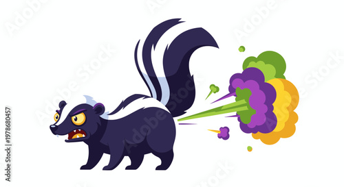 Angry Skunk Spraying Stinky Cloud Vector Illustration, Cartoon Character Design for Kids and Funny Animal Graphics