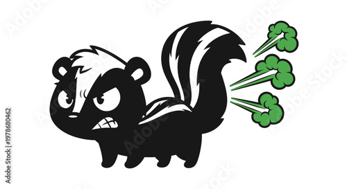 Angry Skunk Vector Illustration, Cartoon Character Spraying Stinky Green Cloud, Funny Wild Animal Graphic for Kids Design and Mascot Logo Projects