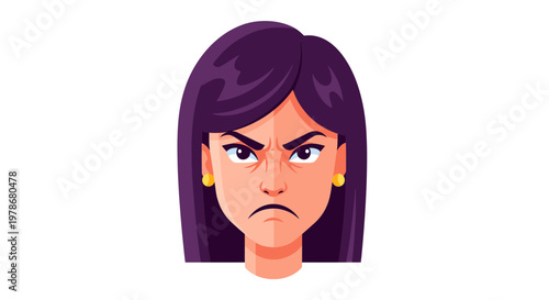 Angry Woman Face Expression Vector Illustration, Flat Style Graphic Portrait of a Furious Female Character with Dark Hair for Emotional Communication Design