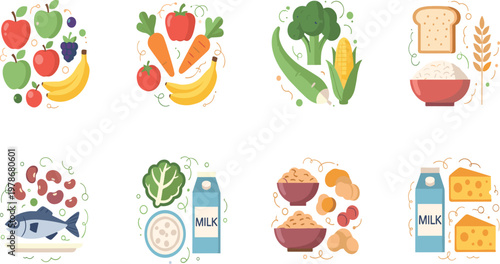 Healthy Food Groups Set with Fruits, Vegetables, Grains, Protein, and Dairy Vector Illustration for Balanced Diet, Nutrition Education, and Wellness Design.