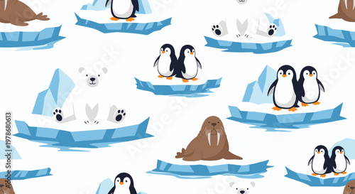Arctic Animals Seamless Pattern Vector Illustration Featuring Cute Polar Bears Penguins and Walruses on Ice Floes for Winter Holiday Backgrounds and Kids Fabric Designs