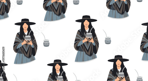 Argentine Gaucho Woman with Mate Tea Vector Illustration, Traditional South American Culture Pattern, Flat Design Style Graphic for Cultural Heritage Projects