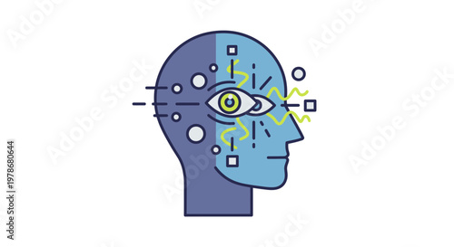 Artificial Intelligence Human Head Profile Vector Illustration Featuring Digital Eye Scanning Technology and Neural Network Data Processing Concept Graphic