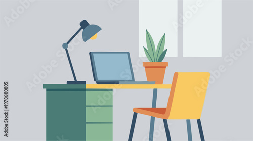 Flat design illustration of a modern home office workspace with laptop and plant