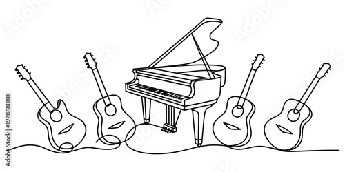 A continuous line drawing featuring a grand piano surrounded by four acoustic guitars in a row