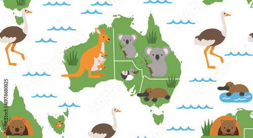 Australia Map with Native Wildlife Animals Vector Illustration Featuring Kangaroo Koala Platypus and Wombat in Flat Design Style for Educational Geography Graphics