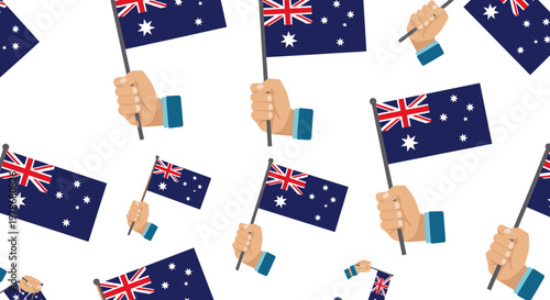 Australia Flag Hand Held Seamless Pattern Vector Illustration, Patriotic Celebration Background with Waving Australian Flags for National Holiday Design