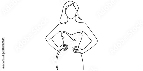 Minimalist continuous line drawing of a woman wearing an elegant dress posing with her hands hip