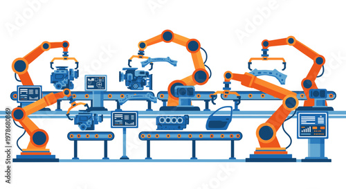 Automated Car Manufacturing Assembly Line Vector Illustration featuring Robotic Arms and Industrial Conveyor Belts for Smart Factory Production Concept