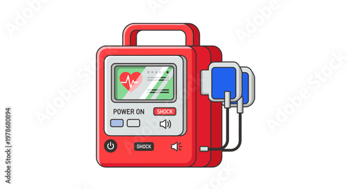 Automated External Defibrillator Vector Illustration, Portable Medical Heart Rescue Device for Emergency Cardiac Care and First Aid Training Equipment Graphic