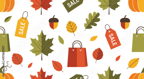 Autumn Sale Seamless Pattern Vector Illustration with Fall Leaves Pumpkins and Shopping Bags for Seasonal Retail Marketing Background
