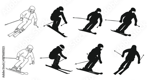 A collection of skiers in dynamic poses presented as a silhouette