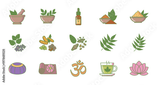 Ayurveda and Holistic Wellness Icons Set Vector Illustration Featuring Natural Herbs Essential Oils Yoga Elements and Traditional Indian Healing Practices