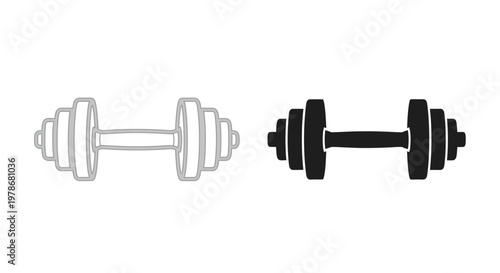 Two dumbbell illustrations one outlined and one solid black silhouette