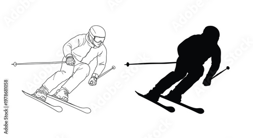 Two skiers in contrasting styles line drawing and a dark silhouette
