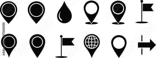 Collection of black and white map pin and flag icons for location services