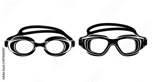Two pairs of swimming goggles are displayed in black silhouette