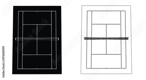 Tennis court diagrams with contrasting views represented as a silhouette