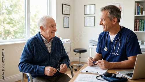 A doctor and an elderly patient having a conversation in a medical office