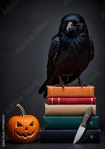 Black raven standing on stacked colorful books with Halloween pumpkin  