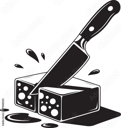  Knife cutting two blocks of fudge with splatter