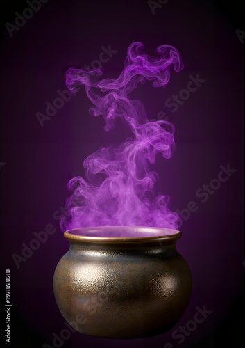 Black cauldron emitting purple smoke on dark background for Halloween  