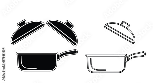 Pair of cooking saucepans with lids shown in two versions including a solid black silhouette and a thin line outline.
