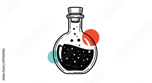Magic potion bottle with a cork stopper containing a dark bubbling liquid accented by red and blue circular shapes.