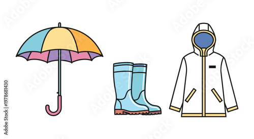 Complete rainy day outfit set including a colorful umbrella, light blue rain boots, and a white waterproof raincoat.
