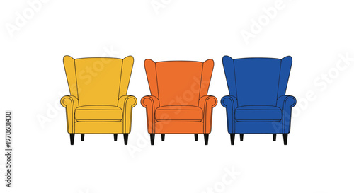 Three comfortable wingback armchairs in vibrant yellow, orange, and blue colors arranged side by side on a white floor.