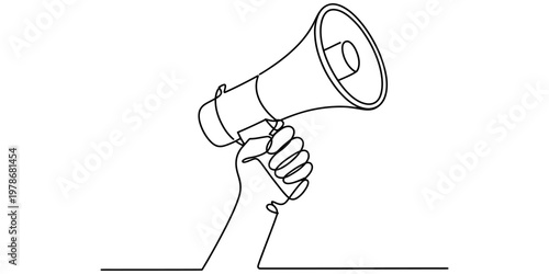 A single continuous line drawing of a hand holding a megaphone to represent public announcement