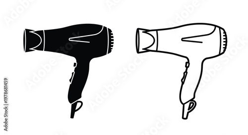 Two hair dryers depicted in a simple black outline silhouette
