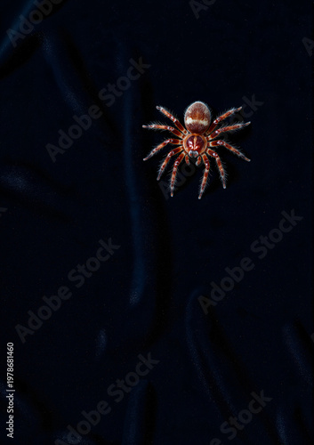Spider crawling on dark surface illustrating concept of Halloween  