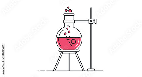 Laboratory flask filled with red bubbling liquid mounted on a metal stand for a scientific chemistry experiment.