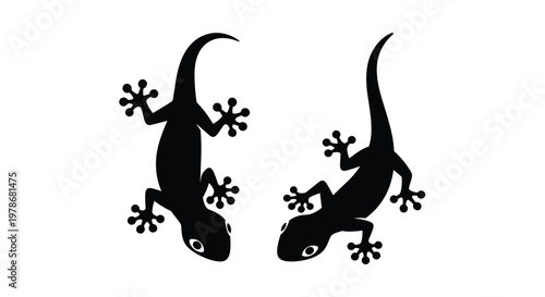 Two solid black gecko lizard silhouettes shown from a top down perspective as if crawling on a white surface.