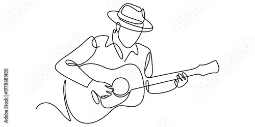 Minimalist continuous line drawing of a musician playing an acoustic guitar while wearing a hat