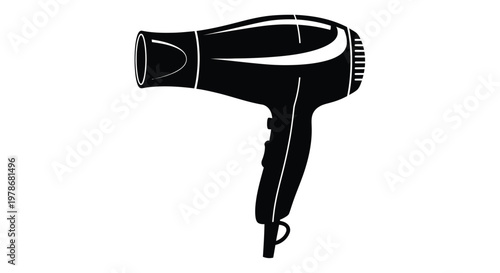 A sleek black hair dryer illustration with a dramatic silhouette