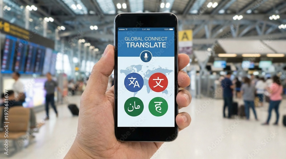 Fototapeta premium Mobile Translation App on Smartphone in Airport – Global Language Communication Technology for Travelers