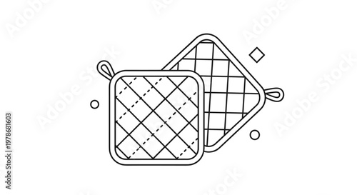 Minimalist line art illustration of a pair of quilted kitchen oven mitts commonly used for handling hot pots and pans.