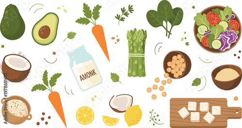Healthy Vegan Food Ingredients Set with Avocado, Almond Milk, Coconut, Tofu, Vegetables, and Salad Bowl Vector Illustration for Plant Based Diet Design.